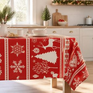 Fata de masa Kotonia Home decor Craciun, 100% Bumbac, rosu cu reni - imagine 4