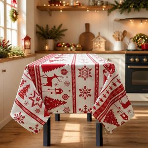 Fata de masa Kotonia Home decor Craciun, 100% Bumbac, alb cu reni - imagine 2