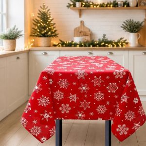 Fata de masa Kotonia Home decor Craciun, 100% Bumbac, rosu cu fulgi albi