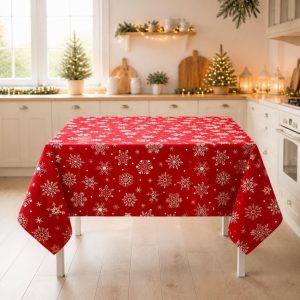Fata de masa Kotonia Home decor Craciun, 100% Bumbac, rosu cu fulgi albi - imagine 2