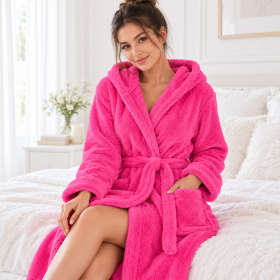 Halat de baie cu gluga Kotonia Home - tesatura fleece, fuxia - 05