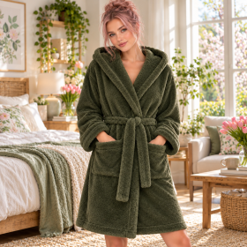 Halat de baie cu gluga Kotonia Home - tesatura fleece, verde army - 02