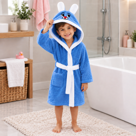Halat de baie cu gluga cu broderie pentru copii Kotonia Home - 100% bumbac, tesatura prosop catifea, model iepuras, albastru