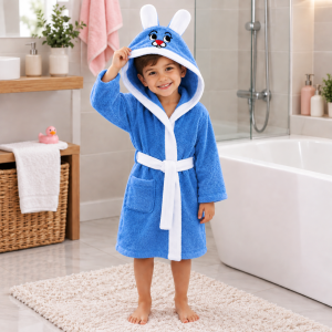 Halat de baie cu gluga cu broderie pentru copii Kotonia Home - 100% bumbac, tesatura prosop catifea, model iepuras, albastru