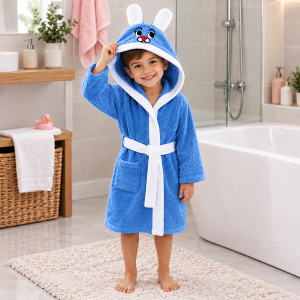 Halat de baie cu gluga cu broderie pentru copii Kotonia Home - 100% bumbac, tesatura prosop catifea, model iepuras, albastru
