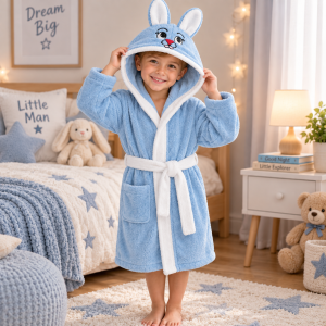 Halat de baie cu gluga cu broderie pentru copii Kotonia Home - 100% bumbac, tesatura prosop catifea, model iepuras, bleu