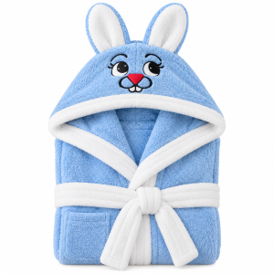 Halat de baie cu gluga cu broderie pentru copii Kotonia Home - 100% bumbac, tesatura prosop catifea, model iepuras, bleu - imagine 2