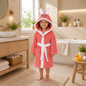 Halat de baie cu gluga cu broderie pentru copii Kotonia Home - 100% bumbac, tesatura prosop catifea, model iepuras, corai