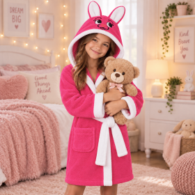 Halat de baie cu gluga cu broderie pentru copii Kotonia Home - 100% bumbac, tesatura prosop catifea, model iepuras, fuxia