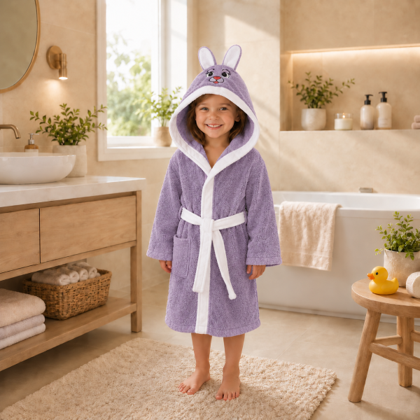 Halat de baie cu gluga cu broderie pentru copii Kotonia Home - 100% bumbac, tesatura prosop catifea, model iepuras, lila