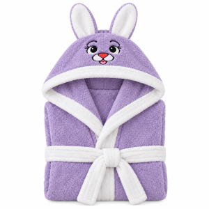 Halat de baie cu gluga cu broderie pentru copii Kotonia Home - 100% bumbac, tesatura prosop catifea, model iepuras, lila - imagine 2