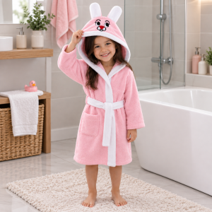 Halat de baie cu gluga cu broderie pentru copii Kotonia Home - 100% bumbac, tesatura prosop catifea, model iepuras, roz deschis