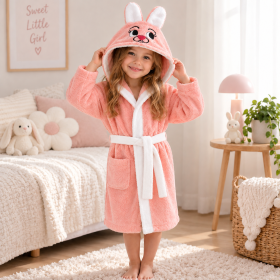 Halat de baie cu gluga cu broderie pentru copii Kotonia Home - 100% bumbac, tesatura prosop catifea, model iepuras, somon