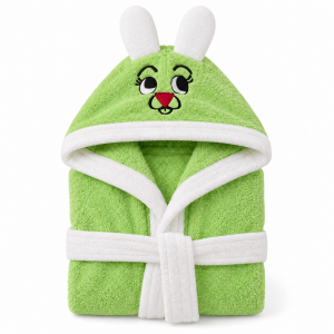 Halat de baie cu gluga cu broderie pentru copii Kotonia Home - 100% bumbac, tesatura prosop catifea, model iepuras, verde - imagine 2