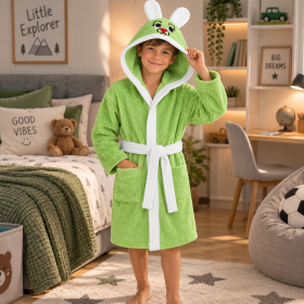 Halat de baie cu gluga cu broderie pentru copii Kotonia Home - 100% bumbac, tesatura prosop catifea, model iepuras, verde