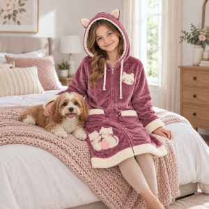 Halat de casa pentru copii, cu fermoar si gluga, Kotonia Home – tesatura fleece, roz ars - 01