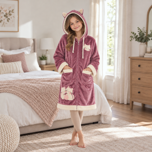 Halat de casa pentru copii, cu fermoar si gluga, Kotonia Home – tesatura fleece, roz ars - 01 - imagine 2