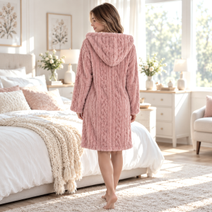 Halat de casa cu fermoar si gluga Kotonia Home – tesatura fleece, roz ars 02 - imagine 2