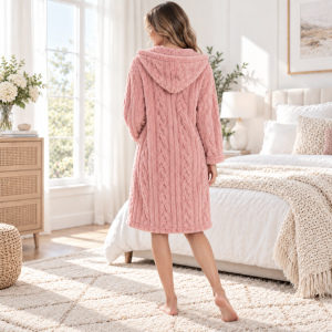 Halat de casa cu fermoar si gluga Kotonia Home – tesatura fleece, roz 04 - imagine 2