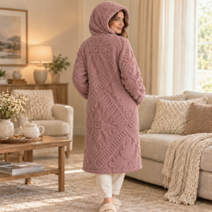 Halat de casa cu fermoar si gluga Kotonia Home – tesatura fleece, roz ars 01 - imagine 2