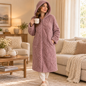 Halat de casa cu fermoar si gluga Kotonia Home – tesatura fleece, roz ars 01