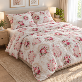 Lenjerie de pat - 2 persoane, textura creponata, decor floral - cod 028
