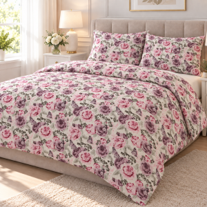 Lenjerie de pat - 2 persoane, textura creponata, decor floral - cod 030