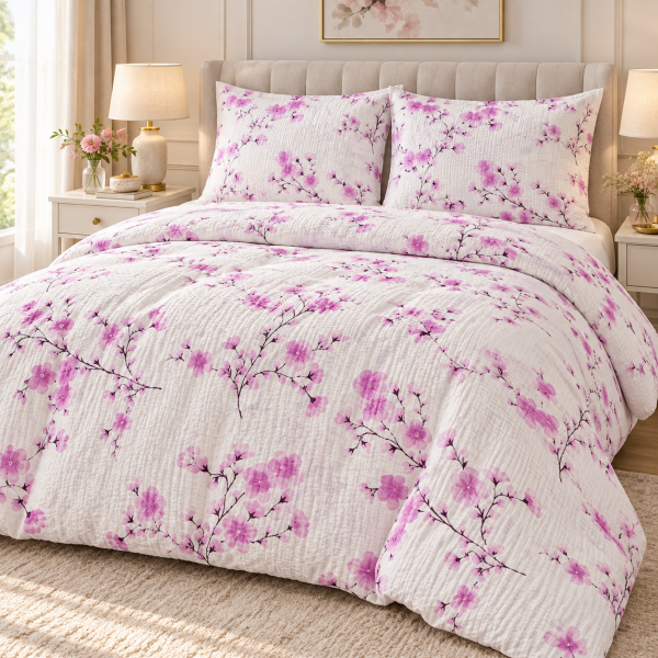 Lenjerie de pat - 2 persoane, textura creponata, decor floral- cod 033