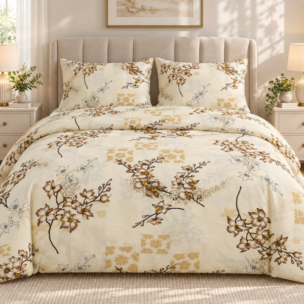 Lenjerie de pat - 2 persoane, textura creponata, decor floral - cod 036